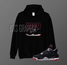 Rock the freshest style with the Jordan 4 BRED Reimagined Unisex Hoodie! 🔥 This heavy blend hoodie is designed with a soft and comfortable feel, and a double-lined hood with matching drawcord for added warmth. The front pouch pocket is perfect for storing your essentials, and the rib-knit cuffs and waistband provide a snug fit. Made from a 50% cotton, 50% polyester blend, this hoodie has a fabric weight of 8.0 oz/yd² (271.25 g/m²) and is pre-shrunk for easy care. The quarter-turned body helps prevent creases, and double-needle stitching ensures durability. With '1989 Jordans' graphics inspired by the iconic Jordan 4 BRED Reimagined colorway, this hoodie is a must-have for any sneakerhead. Please note that any shoes displayed in our listings are sold separately and are only used for market Urban Sweatshirt For Sports Season Streetwear, Urban Sweatshirt For Streetwear During Sports Season, Black Throwback Winter Hoodie, Black Throwback Winter Sweatshirt, 90s Black Graphic Print Hoodie, Throwback Hoodie For Streetwear And Sports Season, Black Throwback Hoodie For Streetwear, Throwback Streetwear Hoodie For Fall, Winter Throwback Sweatshirt For Streetwear