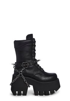 base Spiked Platform Boots, Edgy Lace-up Boots With Protective Metal Feet, Edgy Black Combat Boots With Spikes, Streetwear Lace-up Combat Boots With Rivets, Gothic Combat Boots With Lug Sole For Streetwear, Punk Style Lace-up Boots With Buckle Closure, Edgy Combat Boots With Buckle For Streetwear, Edgy Combat Boots With Buckle Closure For Streetwear, Edgy Combat Boots For Streetwear With Buckle Closure