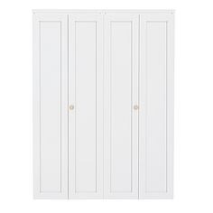 a white wardrobe with three doors and two drawers on the bottom shelf, against a white background