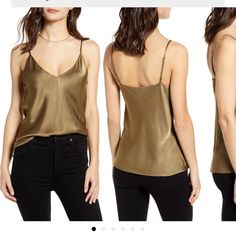 Olive Green Camisole True To Size Gold Cami Tank Top For Night Out, Chic Tops With Tank Straps For Date Night, Casual V-neck Tank Top For Date Night, Gold Sleeveless Top For Date Night, Chic Gold Camisole Tank Top, Chic Spring V-neck Tank Top, Gold Cami Top For Night Out, Gold Spaghetti Straps Top For Night Out, Elegant Gold Sleeveless Camisole