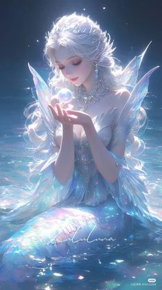 a beautiful fairy sitting on top of a blue mermaid in the water with her hands together