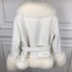 Size (cm) EU Bust Shoulder Sleeve S 36 102 40 60 M 38 106 41 61 L 40 110 42 62 XL 42 114 43 63 Material | Fox Fur Luxury Winter Tweed Jacket With Lapel Collar, Fitted White Wool Tweed Jacket, White Fitted Wool Tweed Jacket, Luxury Tweed Jacket With Lapel Collar For Winter, Winter White Single Breasted Outerwear With Lapel Collar, Winter White Single-breasted Outerwear With Lapel Collar, White Long Sleeve Blazer For Winter, Fitted Winter White Wool Outerwear, Winter White Fur Coat For Winter