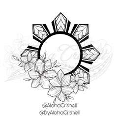 the sun with flowers and leaves around it, in black and white on a white background