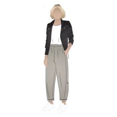 a drawing of a woman in grey pants and black jacket standing with her hands on her hips