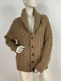 "Banana Republic cardigan, shawl collar cable knit sweater, excellent quality, super warm sweater, men's medium  Measurements:  Shoulder 18\"-19\"/sleeve 25\"/bust (armpit-armpit)23\"/waist/middle width 22\"/bottom width 19\"-32\"/length 24\" Mannequin measurements:  5'8\", bust 34\", waist 25\", hip 33\" Please note that vintage clothing sizes can vary greatly.  The Measurements provided  are approximate and are taken lying flat.  I suggest taking a similar garment from your wardrobe and measur Vintage Banana Republic, Cardigan Shawl, Shawl Cardigan, Warm Sweater, Black Leather Skirts, Warm Sweaters, Cable Knit Sweater, Shawl Collar, Jumpers And Cardigans