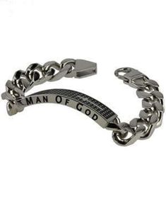 "Solid 316L stainless steel high polish bracelet with lobster clasp. Fully engraved on all 4 sides with black enamel filling. Top of Bracelet has cross and dot grill; side 1 has power point theme \"Man Of God\"; side 2 has scripture reference \"1 Timothy 6:11\"; under side of bracelet has the verse wording \"Man Of God: Pursue Righteousness, Godliness, Faith, Love, Perseverance And Gentleness\". Bracelet is 8\" in length (standard men's fit) and weighs a full 75 grams. Free Shipping Visit Raptur Silver Stainless Steel Chain Bracelet With Polished Finish, White Gold Polished Stainless Steel Bracelet, Black Stainless Steel Chain Bracelet, Adjustable Stainless Steel Chain Bracelet, Silver Rectangular Jewelry With Stainless Steel Clasp, Nickel-free Stainless Steel Chain Bracelet, Adjustable Engraved Stainless Steel Chain Bracelet, Engraved Silver Stainless Steel Chain Bracelet, Engraved Adjustable Stainless Steel Chain Bracelet