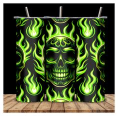 a green and black fire skull with flames on the back cover for a shower curtain