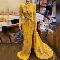 Yellow Maxi Dress For Banquet, Gold Long Sleeve Gown For Prom Season, Fitted Yellow Maxi Dress For Banquet, Yellow Fitted Maxi Dress For Banquet, Yellow Prom Dress With Sweep Train, Gold Long Sleeve Gown For Gala, Gold Long Sleeve Dress For Prom, Gold Long Sleeve Gala Gown, Yellow Gown For Banquet And Prom Season