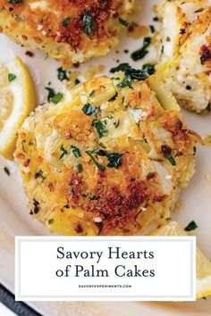 savory hearts of palm cakes on a plate with lemon wedges