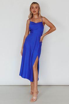 Suki Front Split Midi Dress Royal Blue Maxi Slip Dress With Side Slits For Date Night, Blue Slip Dress With Straight Neckline For Spring, Blue Prom Dresses With Side Slits, Blue Maxi Dress With Straight Neckline For Party, Blue Midi Dress With Straight Neckline For Party, Blue Party Midi Dress With Straight Neckline, Blue Fitted Midi Backless Dress, Blue Fitted Backless Midi Dress, Fitted Blue Backless Midi Dress