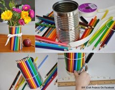 several pictures of different colored pencils in a vase with flowers and tape on it