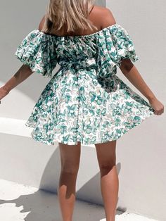 Sexy One-neck Off-shoulder Open Back Puff Sleeve Dress Women Summer Fashion Flower Print Pullover Mini Dress Lady Elegant Dress Floral Print Off-shoulder Mini Dress For Garden Party, Green Strapless Mini Dress With Floral Print, Strapless Green Floral Print Mini Dress, Off Shoulder Mini Dress With Floral Print For Brunch, Floral Print Off Shoulder Mini Dress For Brunch, Floral Print Off-shoulder Mini Dress For Brunch, Floral Print Off-shoulder Dress For Brunch, Casual Off-shoulder Puff Sleeve Dress For Brunch, Floral Print Off-shoulder Dress For Garden Party