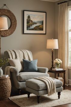 a living room with a chair, ottoman and lamp on the side table in front of a window