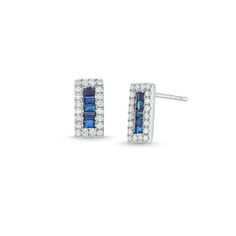 Achieve a sophisticated look with a fresh new style when you choose these sideways baguette-cut blue sapphire and diamond frame stud earrings. Created in 14K white gold Each rectangle-shaped earring glistens with sideways channel-set baguette-cut bright blue sapphires along the center. The diamond-lined frame adds sparkle to the design. Captivating with 1/3 ct. t.w. of diamonds These post earrings secure comfortably with friction backs. Anniversary Diamond White Baguette Cut Earrings, Blue Baguette Diamond Earrings Fine Jewelry, Dazzling White Baguette Cut Earrings, Luxury Blue Baguette Cut Earrings, Luxury White Baguette-cut Diamond Earrings, Dazzling White Baguette-cut Earrings, Diamond Frame, Channel Set, Baguette Cut