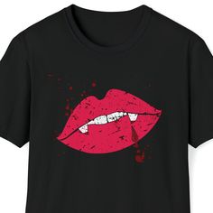 Distressed Vampire Lips Unisex Soft-Style TShirt, Red Lips w/ Blood Splatter, Easy Halloween Costume, Graphic Arts Style Tee, Whimsygoth Original Art by Heidi Myers Art. The unisex soft-style t-shirt puts a new spin on casual comfort. Made from very soft materials, this tee is 100% cotton for solid colors. Heather colors and sports grey include polyester. The shoulders have twill tape for improved durability. There are no side seams. The collar is made with ribbed knitting to prevent curling dam Alternative Distressed Halloween T-shirt, Emo Halloween T-shirt For Alternative Fashion, Emo T-shirt For Halloween, Alternative Halloween Cosplay T-shirt, Halloween Cosplay Alternative Style T-shirt, Alternative Style Halloween Cosplay T-shirt, Distressed Tops For Halloween Alternative Fashion, Grunge Halloween Cosplay T-shirt, Alternative Style Top For Halloween Costume Party