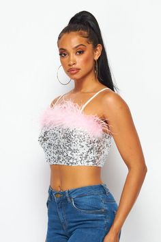 Dazzling sequins and pink feathers pave the way on this spectacular crop that's sure to be a hit from celebrations to nights on the town. • Pink Feather Trim• Adj. Straps• Pull On• Crop• Silver Sequins Sequin Crop Top, Feather Trim, Pink Feathers, Silver Sequin, Personalized Accessories, New Arrival Dress, Apparel Accessories, Feathers, Sequin