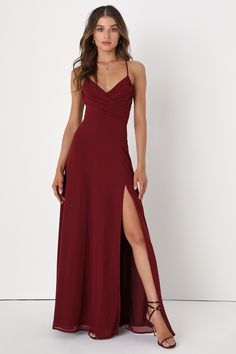 Event Ready Burgundy Backless Lace-Up Maxi Dress Long Red Bridesmaid Dress, Airy Burgundy Gown, Burgandy Maxi Dress, Red Maxi Dresses Formal, Dark Red Wedding Guest Dress, Formal Floor Length Dress, Wine Colored Prom Dress, Burgundy Bridesmaids Dress, Dark Red Bridesmaids Dresses