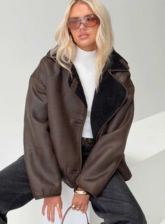 Faux leather jacket  Oversized fit, twin pockets, button fastening  Non-stretch material, shearling lining  Main: 100% PU, Lining 100% polyester  Spot clean garment Brown Shearling Jacket Outfit, Shearling Jacket Outfit, Brown Jacket Outfit, Jackets Outfit, Leather Jacket Oversized, Faux Jacket, Faux Shearling Jacket, Shiny Pants, Fall Clothes