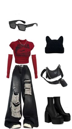 #outfits Concert Cool Outfit, Red Outfit Concert Ideas, Red And Black Outfits For Concert, Red Top And Black Jeans Outfit, Black And Red Outfit Concert, Red Black Concert Outfit, Red Acubi Outfit, Red Tops Aesthetic, Red Black Outfit Ideas