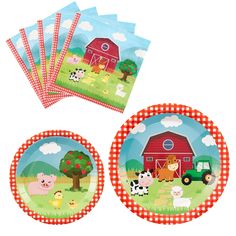 four plates with farm animals on them in front of a red and white checkered background