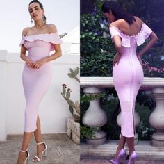 two women in pink dresses, one is wearing high heels and the other has an off shoulder