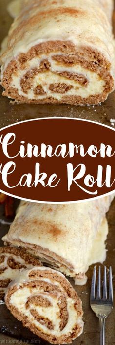 cinnamon roll cake roll on a baking sheet with fork and knife in the foreground