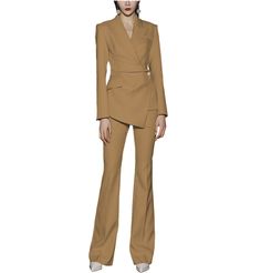 20% wool / 80% polyester. Flat. Include Blazer + Pants. Peak Lapel. Center Vent. Single Buttons. Real pocket. Full lined. Machine wash / Hand wash. Color or size customization please note in the order Fall Office Wear Sets With Pockets, Tailored Long Sleeve Pantsuit For Fall, Brown Fall Pantsuit For Office, Tailored Dress Pants For Office In Fall, Tailored Brown Pantsuit For Fall, Office Suits With Trousers And Pockets, Tailored Sets With Suit Collar For Fall, Fitted Fall Suit Trousers, Brown Workwear Sets For Fall