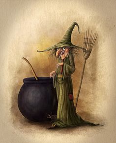 a painting of a witch next to a caulder with a broom in it