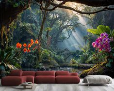 a living room filled with lots of plants and flowers on the wall next to a couch