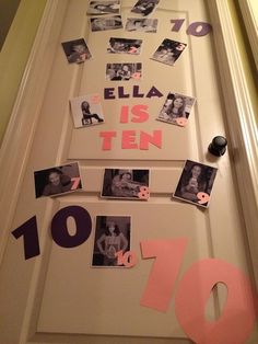 the door is decorated with pictures and magnets to celebrate ten years of being 10