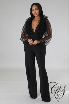 Got an occasion planned? Dare to make a statement in this flirty ruffle top jumpsuit. Brought to you in a deep v neckline, sheer balloon long sleeve design and ruffle detailing for that extra touch of glam, you really can't go wrong. Style this jumpsuit with clear strap heels and some luxe gold accessories for a look that is sure to steal the stares all night long. Model is wearing a small Fabric: 95% Polyester 5% Spandex Hand wash cold, line dry. Do not bleach, iron or dry clean. *Inseam 38 inc Clear Strap Heels, Long Sleeve Design, Gold Accessories, Affordable Luxury, Unique Dresses, Ruffle Top, Sleeve Designs, Strap Heels, Body Positivity