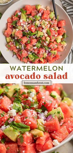 watermelon and avocado salad in a white bowl with text overlay