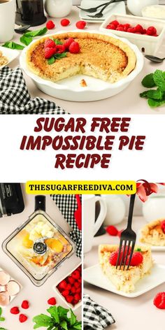 this is a collage of images with the words sugar free impossible pie recipe on it