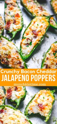 stuffed jalapeno peppers with cheese and bacon on them are ready to be eaten