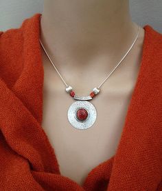 Big pendant , Coral Stone , Circular  Handcrafted Pendant , statement necklace , 925 Sterling Silver , coral  pendant , Red necklace Red Stone Necklace, Big Pendant, Sponge Coral, Necklace Big, Metalsmithing Jewelry, Metal Clay Jewelry, Coral Pendant, Coral Stone, Sterling Necklaces