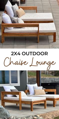 outdoor chaise lounge made from wood and white cushions with text overlay that reads, 24x4 outdoor chaise lounge