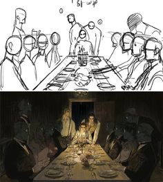 two different views of people sitting at a dinner table, one in the process of drawing