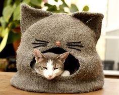 a cat laying in a kitty bed on top of a wooden table