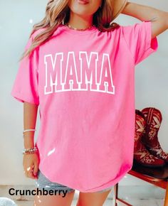 Comfort Colors MAMA Shirt Pink Letter Print Tops For College, Pink T-shirt For College In Summer, Pink T-shirt For College Summer, Pink College T-shirt For Summer, Trendy Pink Tops For Mother's Day, Trendy Pink Top For Mother's Day, Pink Tops With Funny Text For Spring, Pink Graphic Print Top For College, Casual Pink T-shirt For College