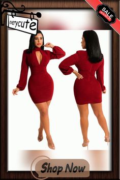 Cut Out O Neck Long Sleeve Party Dress Solid Color Dresses For Date Night And Party Season, Solid Color Mini Dress For Party, Solid Color Dresses For Night Out During Party Season, Solid Color Mini Dress For Spring Party, Solid Color Mini Party Dress, Party Solid Color Mini Bodycon Dress, Stretch Bodycon Dress For Winter Party, Knee-length Bodycon Dress For Fall Party, Party Mini Bodycon Dress In Solid Color