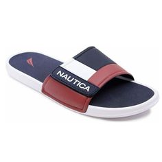 Nautica Men's Slide Sandals Super Fashion Brand New Casual Slip-on Sport Sandals For Water Sports, Blue Sandals For Water Sports In Summer, Slip-on Sport Sandals For Summer Water Sports, Blue Sport Sandals For Water Sports In Summer, Casual Slide Sandals For Water Sports, Summer Slip-on Sport Sandals For Water Sports, Casual Open Toe Flip Flops For Water Sports, Casual Blue Sandals For Water Sports, Navy Sporty Slides With Cushioned Footbed