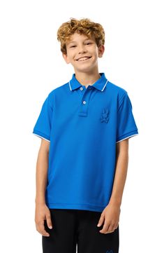 Tipped edges amp the sporty style of a kid-sized polo made from soft, breathable piqué and finished with a signature bunny logo at the chest. Button half placket 100% pima cotton Machine wash, line dry Made in Peru Blue Casual Polo Shirt For School, Casual Blue Polo Shirt For School, Blue Casual School Polo Shirt, Blue Casual Polo Shirt With Embroidered Logo, Casual Blue Polo Shirt With Embroidered Logo, Blue Collared Polo Shirt Preppy Style, Sporty Cotton Polo Shirt For School, Preppy Blue Collared Polo Shirt, Sporty Polo Collar Tops For School