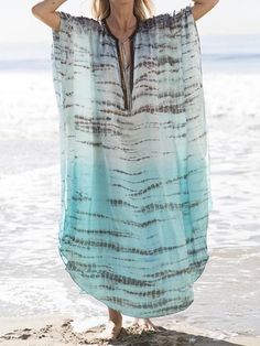 Plus Size Loose Printed Beach Cover-ups - rrdeye Beach Kaftan Dress, Shibori Pattern, Long Beach Dress, Chiffon Fashion, Beach Cover Ups, Bathing Suit Covers, Patterned Cardigans, Half Sleeve Dresses, Beach Maxi Dress