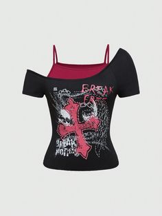 Plus Size Women's Simple Printed Open Shoulder Short Sleeve T-Shirt Black   Short Sleeve Knitted Fabric   Medium Stretch  Women Plus Clothing, size features are:Bust: ,Length: ,Sleeve Length: Rhinestone Shirts Y2k, Scene Crop Top, Goth Shirt Design, Fitted Graphic Tee, Emo Shirt Designs, Scene Shirts, Pink And Black Shirt, Scene Clothing, Emo Shirt