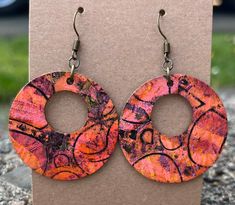 Handmade, one-of-a-kind acrylic printed earrings on wood. Each pair are double-sided and light weight. The layering of paint creates a slight textured surface on the wood. All of my earrings are finished with a liquid varnish and no two pairs are the same. This pair has antique brass hardware. Printed Earrings, Abstract Ideas, Abstract Earrings, Paper Earrings, Antique Brass Hardware, Primitive Dolls, Paper Jewelry, Wooden Earrings, Acrylic Earrings