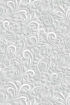 an intricate white wallpaper with swirls and leaves on the side, in shades of gray