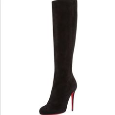 Suede Knee High Authentic Christian Louboutin Boots. Approx. 15 1/4"H Shaft With Covered Stretch Panel. 14" Circumference. 4" Covered Heel. Round Toe. Full-Length Back Zip Leather Lining And Insole. Signature Christian Louboutin Red Leather Sole. Size 39.5 Re-Soles Bottoms Earlier This Year. See Photos Louboutin Boots, Suede Knee High Boots, Christian Louboutin Boots, Red Louboutin, Suede Boots Knee High, Louboutin Shoes, Christian Louboutin Shoes, Shoes Heels Boots, High Boots