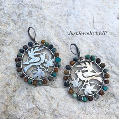 Southwest Turquoise Round Loop Bird Earrings, Bird on Branch, Rustic Boho, Nature Lovers, Natural Turquoise