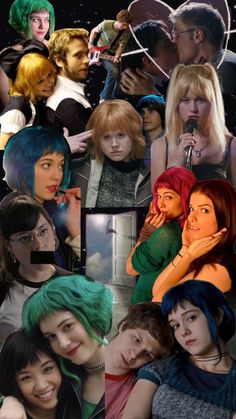 the collage shows many different people with green hair and blue eyes, one is holding a microphone