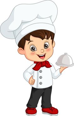 a little boy wearing a chef's hat and holding a silver platter